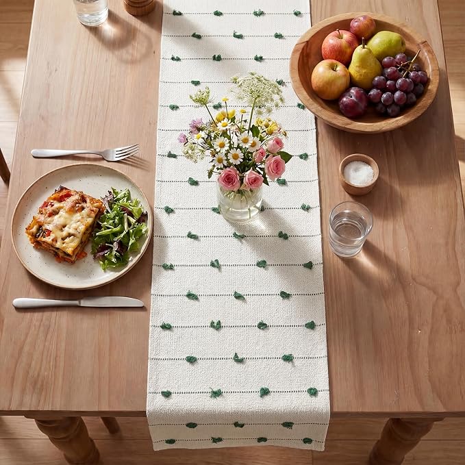 Artoid Mode Dark Green Boho Farmhouse Cotton Woven Table Runner, Seasonal - Image 3