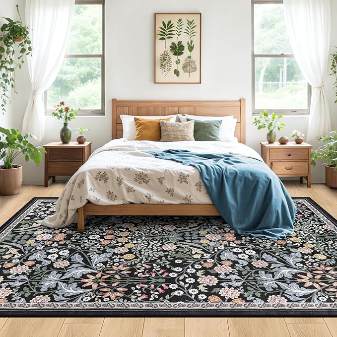 10x14 Area Rugs for Living Room: Floral Washable Rug Vintage Large Soft Boho Non-Slip Carpet Indoor Stain Resistant Low Pile Carpets for Bedroom Dining Room Farmhouse Nursery Home Office Dark Black