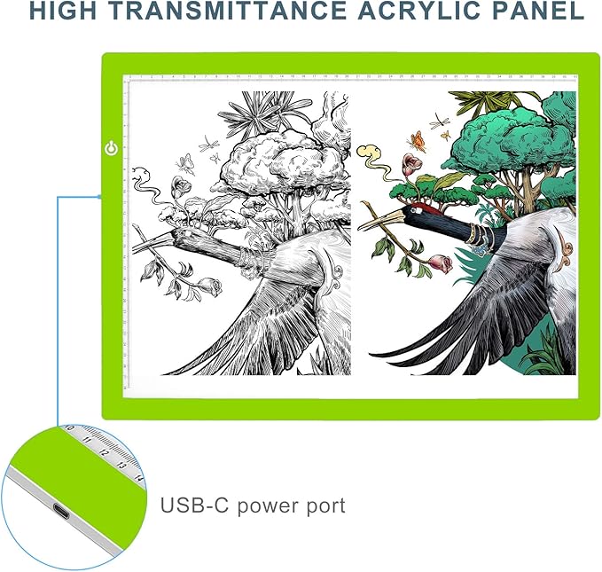 LitEnergy A3 LED Copy Board Light Tracing Box, Ultra-Thin Adjustable USB Power Artcraft LED Trace Light Pad for Tattoo Drawing, Streaming, Sketching, Animation, Stenciling (Green)