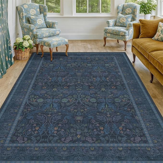 Dark Blue 5x8 Boho Living Room Rug by Evyhood
