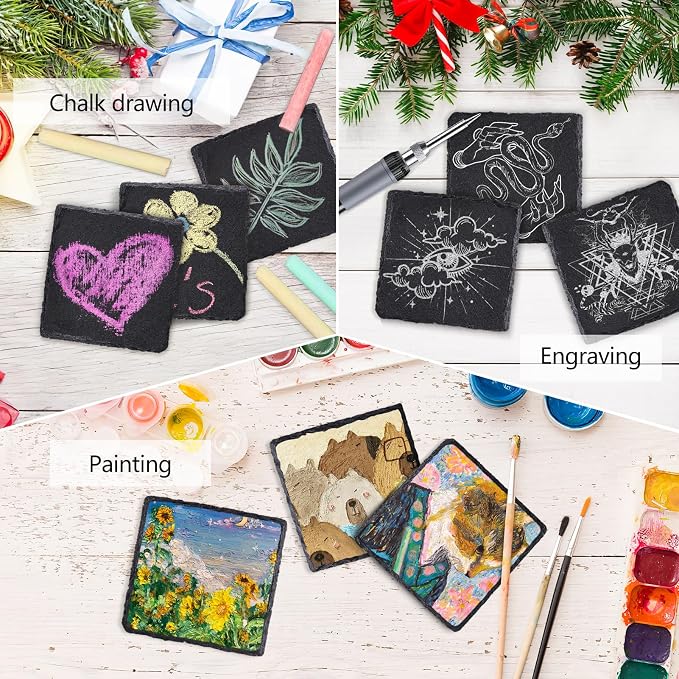 24 PCS Square Slate Drink Coasters Set, SIJDIEE 4 Inch Laser Engraving Black - Image 4