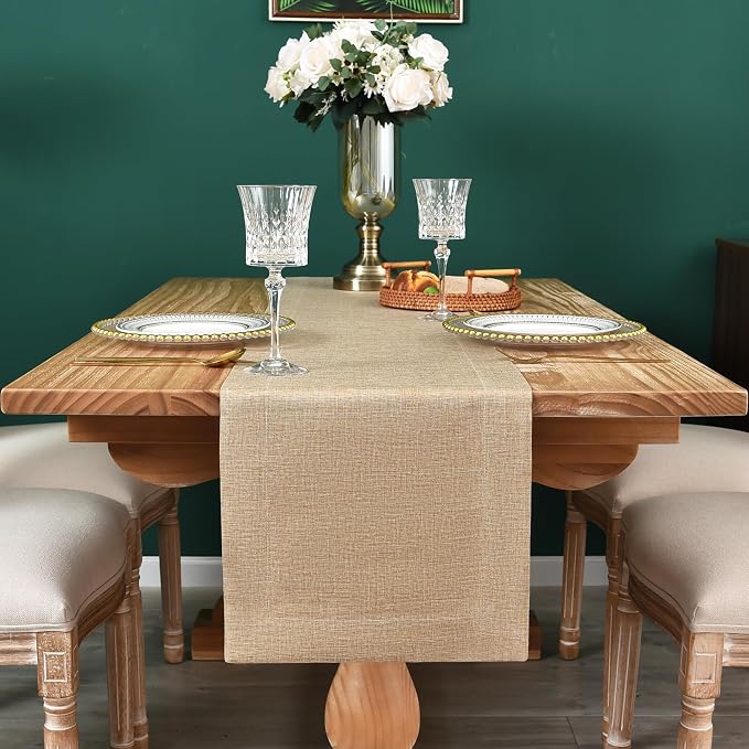 NEWISHER Farmhouse Rustic Faux Linen Solid Flaxen Table Runner 13x60inch | - Image 3