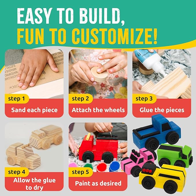 DIY Wood Building Kits, STEM Woodworking Kit for Kids, Creative Fun Craft Projects, Great Gift for Boys & Girls (Wooden Cars, 1-Pack)
