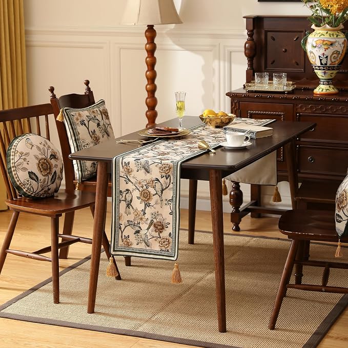 Designer French Linen Long Table Runner, Floral and Bird Pattern, Dining Table - Image 3