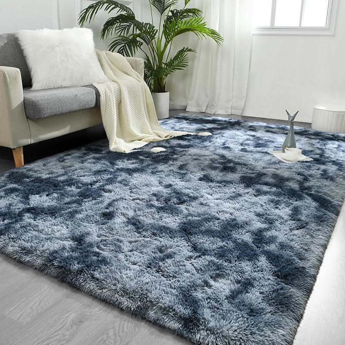 FlyDOIT Large Area Rugs for Living Room, 5x8 Feet Tie-Dyed Blue Grey Shaggy Rug by FlyDOIT