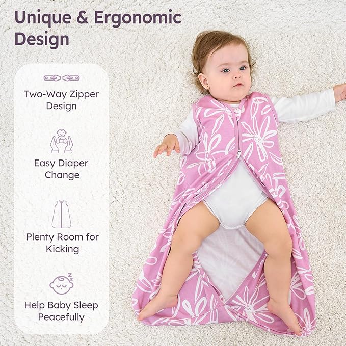 Baby Sleep Sack 6-12 Months 3 Pack 100% Cotton Lightweight 0.5 TOG Wearable Blanket Baby Sleep Bag with 2-Way Zipper for Newborn Infant Purple Leaf