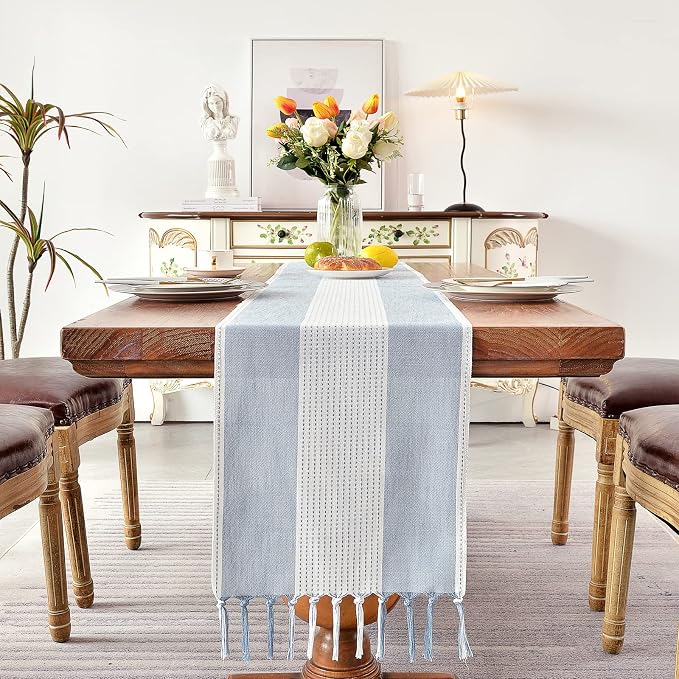 Wracra Linen Table Runner, Stripe Table Runners 108 Inches Long Blue | Delicate - Image 4