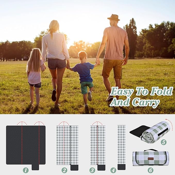 HX&OD Outdoor Picnic Blanket, Extra Large, 80''x60'' Waterproof Foldable Blankets Gingham Picnic Mat for Beach, Camping Grass Lawn Park Accessories Cute Couple Ideas Wedding (Green, 80”x60”)