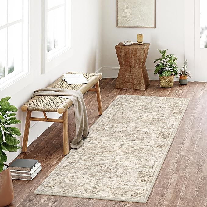 2x7 Washable Neutral Runner Rug Beige Vintage Hallway Kitchen Carpet Non-Slip by WondRg