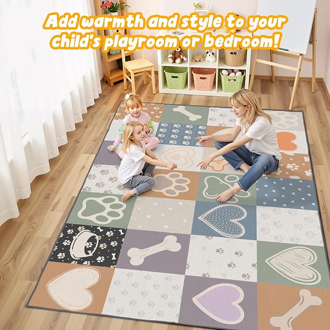 Preschool Classroom Rug 5x7, Paw Print Low Pile Kids Area Rug - Image 2