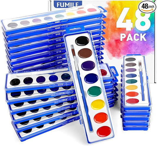 FUMILE Watercolors Paint Set Bulk,48 Pack 8 Washable Bright Colors with Paintbrush.Watercolors Paint Set Kids for Parties,Art Lessons,Birthday Party Favor,Back to school,All Ages.