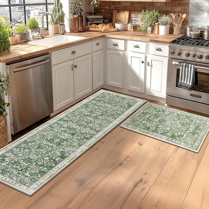 Yamaziot Washable Kitchen Rug Set of 2 – Non Slip Boho Floral Hallway Runner Rug - Image 3
