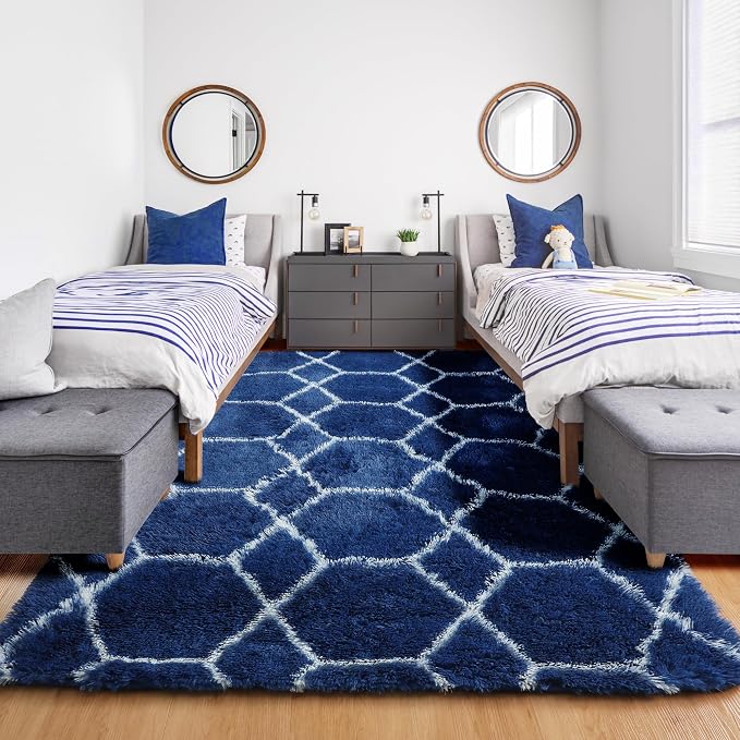 ONASAR 5x7 Area Rugs for Living Room Bedroom, Fluffy Navy Blue and White Throw - Image 7