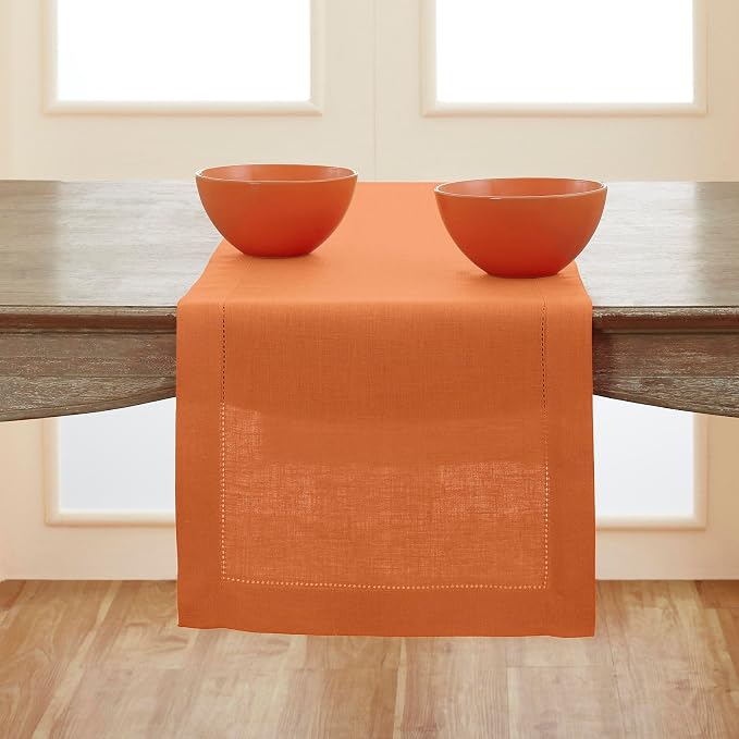 Solino Home 100% Pure Linen Table Runner Pumpkin Hemstitch, 14 x 144 in | by SolinoHome