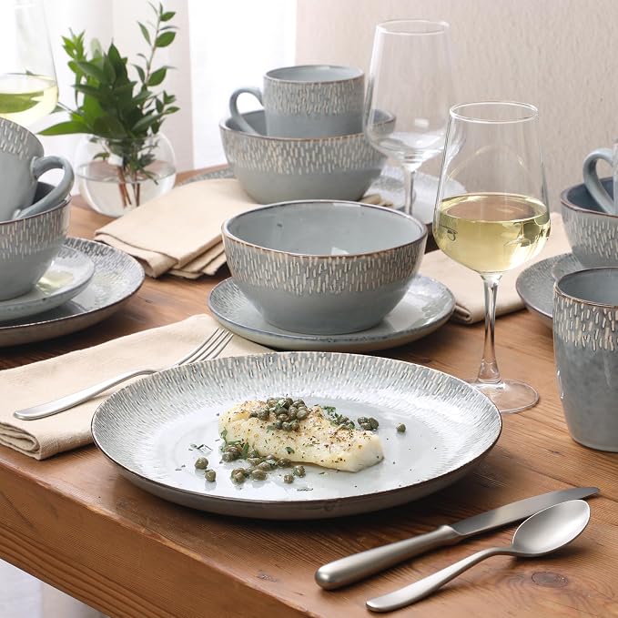 Gibson Elite Jasper 16 Piece Plates and Bowls Reactive Glaze Dishes Stoneware - Image 2