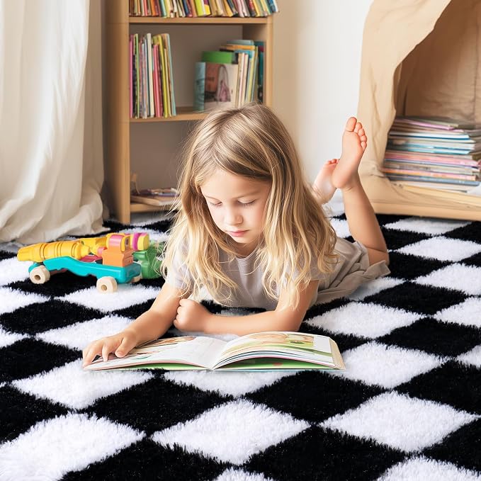 Checkered Rugs for Living Room 6x9, Ultra Soft Fluffy Rug for Bedroom, Modern - Image 6