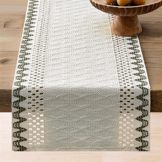 Macrame Side Trim Boho Woven Table Runner, Moss 12x36 Inch | Crochet Hollow - Image 6