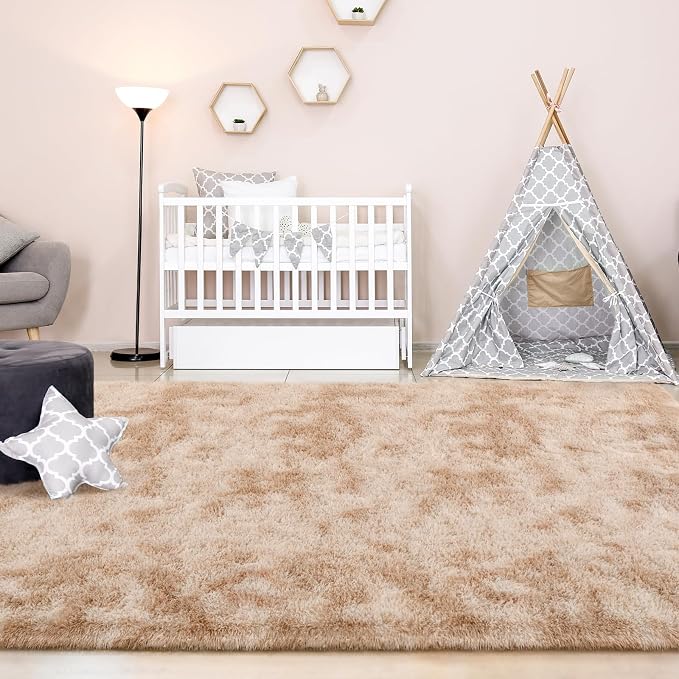 FlyDOIT Large Area Rugs for Living Room, 5x8 Feet Tie-Dyed Beige Shaggy Rug - Image 4