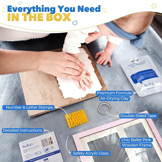 Bubzi Co Footprint & Handprint Keepsake Frame, Baby Memory Display, Nursery Decor, Baby Registry Must-Have, New Parent Gift (Ballet Pink)
