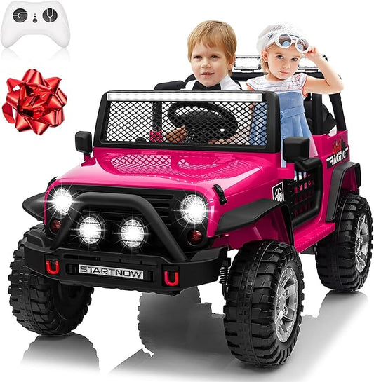 24V 4WD Ride on Truck Car w/800W Motors, Gift Flower, Remote Control, 2 Seaters, Light Bar, 3 Speeds, Pop Music, Power Four Wheels, 24 Volt Ride on Toy Car for Big Kids, Rose Red