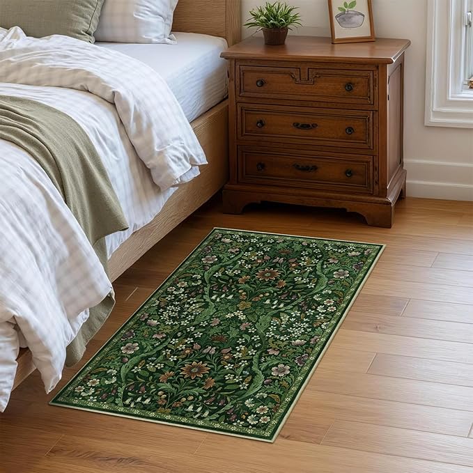 Floral 2x3 Entryway Rug,Washable Front Door Mat Indoor Non Slip Low Pile Small Carpet, Soft Green Boho Botanical Throw Rug for Bathroom Bedroom Kitchen Laundry Indoor Entrance