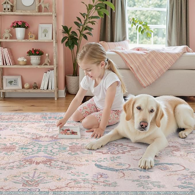DCX 3x5 Pink Vintage Floral Rug, Machine Washable Non Slip Low Pile Carpet - Image 8