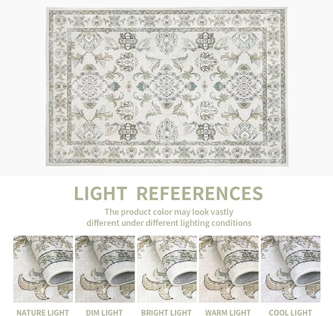 9x12 Washable Area Rugs Beige and Sage Green Vintage Boho Floral Farmhouse Rug - Image 7
