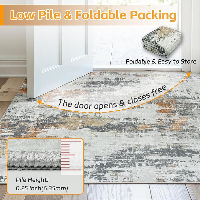 Area Rug 8x10 Living Room Rug Washable: No-Slip Abstract Soft Thin Large Grey - Image 8