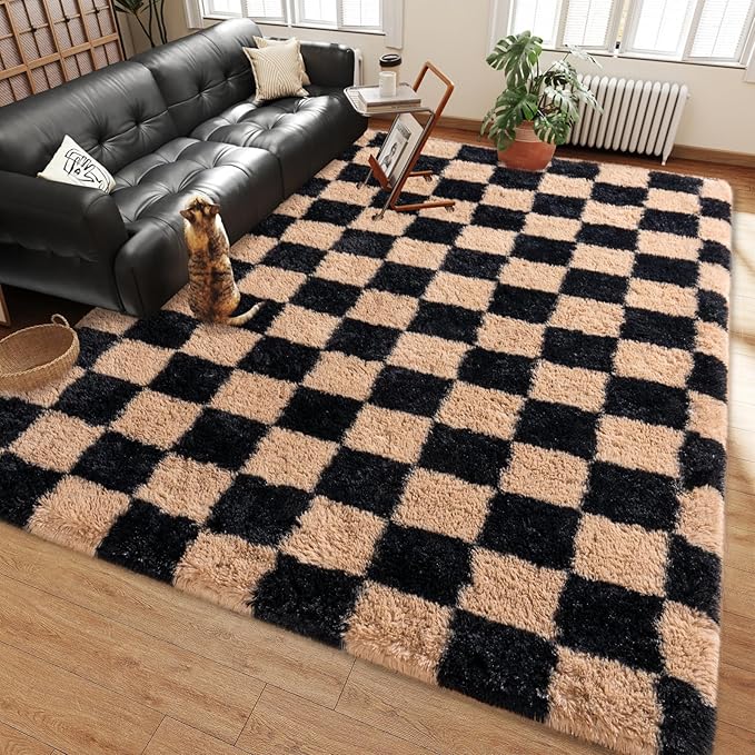 Shag Rugs for Living Room 5x7, Ultra Soft Checkered Black Beige Big Fuzzy Rugs by Ailyei