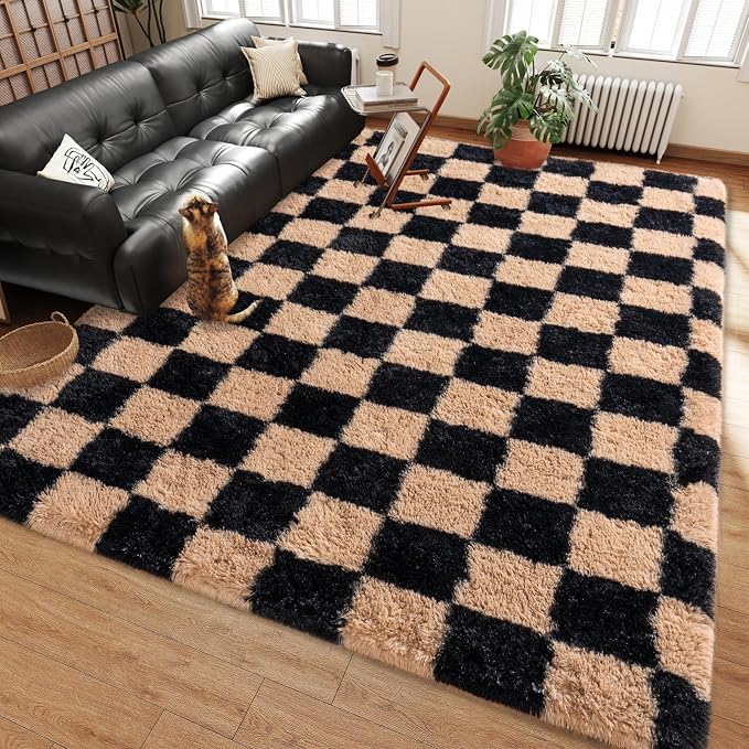 Shag Rugs for Living Room 6x9, Ultra Soft Checkered Black Beige Big Fuzzy Rugs - Image 4