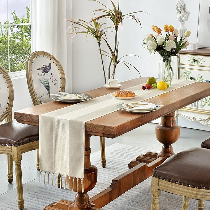 Wracra Linen Table Runner, Stripe Table Runners 48 Inches Long Light Coffee | - Image 7