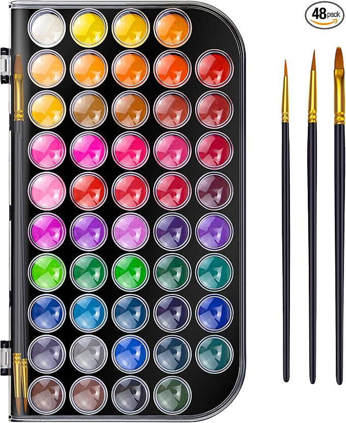 Caliart Watercolor Paint Set, 48 Colors with 3 Brushes, Mini Travel Watercolors Painting Kit Gifts for Adults Artists Painters Kids Teen Girls Boys Art Supplies