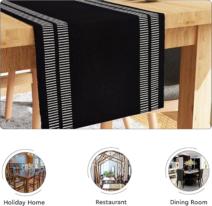 Encasa XO Table Runner, Yarn Dyed Ribbed Cotton 13"x94" | Ladder Black - Image 4