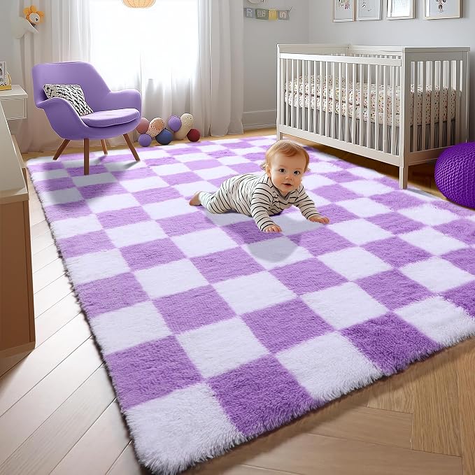 KICMOR Purple Rugs for Living Room Bedroom, Fluffy Soft Checkered 5x8 Area Rug - Image 5