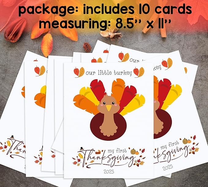 My First Thanksgiving Foot Print Kit for Baby, DIY Baby Keepsake Gifts, 10 Cute Turkey Cards, Supplies for Thanksgiving Party Games, Make Your Own Thank You Greeting Cards Gifts for Mom and Dad, 02