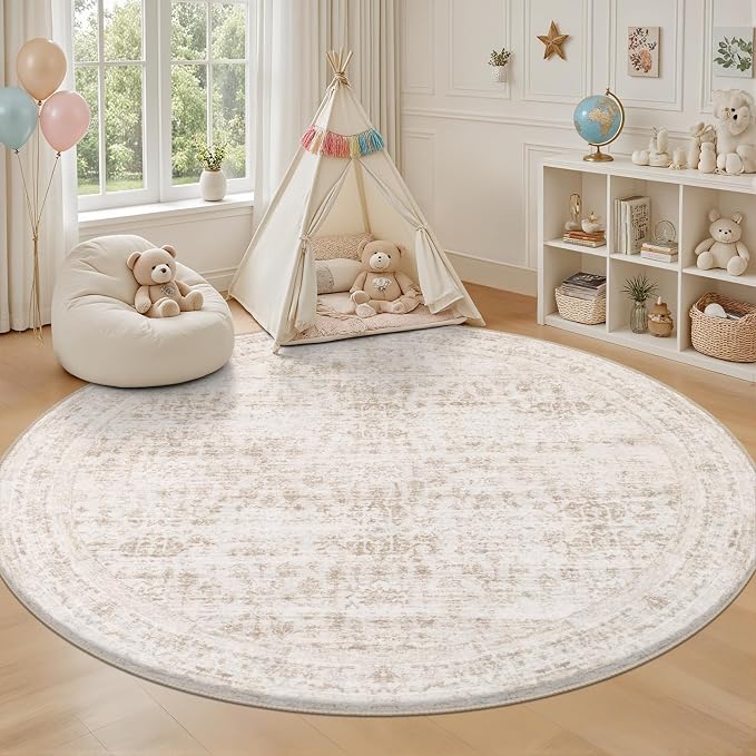 Round Area Rug for Living Room: 8 ft Washable Vintage Boho Soft Thin Circle Rug - Image 5