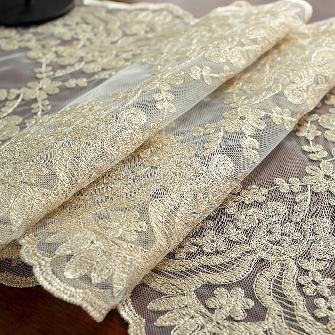 SUTAVIA Lace Table Runner 12"×120" Gold Embroidered Dresser Scarf | Classic - Image 3