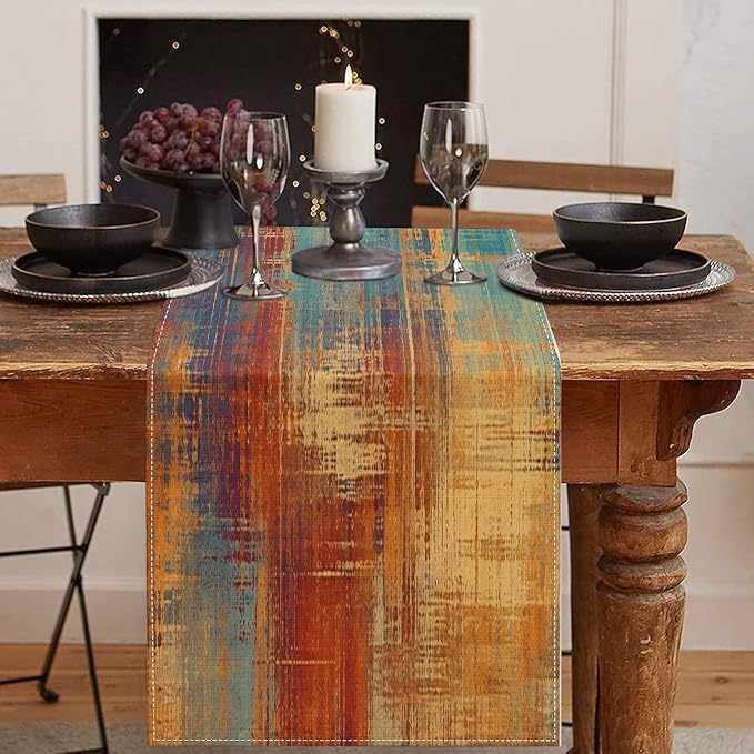 Emvency Table Runner, 13x60 Inch, Abstract Vintage Blue | Rust Painting Dining by Emvency