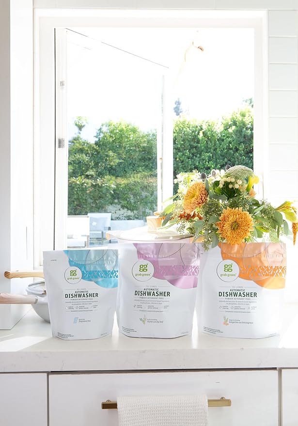 Grab Green Automatic Dishwashing Detergent Pods, 60 Count, Tangerine Lemongrass Scent, Plant and Mineral Based, Superior Cleaning, Powerful Grease Removal, Brilliant Shine