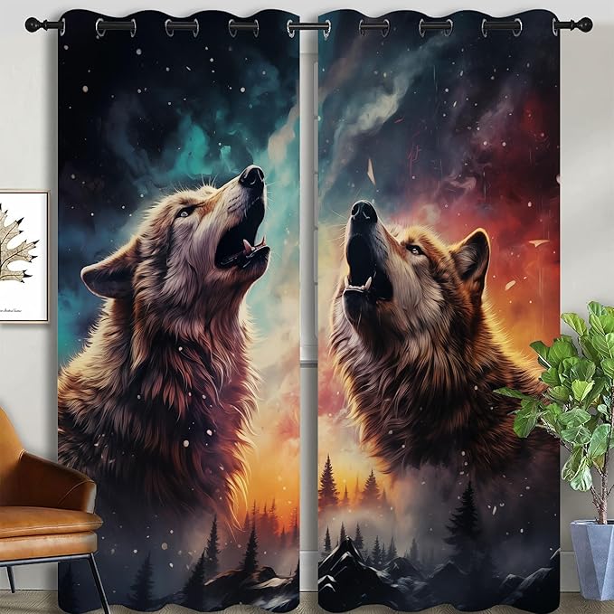 Fantasy Wolf Blackout Curtains for Boys Girl Bedroom Decor,Colorful Galaxy Misty Forest Wildlife Thermal Insulated Grommet Drapes Darkening Window Curtain for Living Room Home 84x84 inch