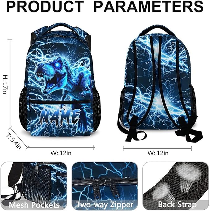 Dinosaur Backpack for Boys, Kids Custom Lightning Bookbag Gift with Name for Kindergarten Primary Senior Middle, 17 Inch Lightweight Cool Personalized Backpacks for School
