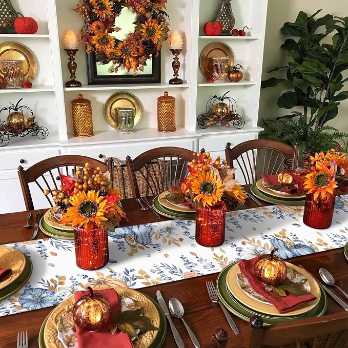 Blue Pumpkin Fall Table Runner 90 Inches Long, Thanksgiving Floral Eucalyptus - Image 6