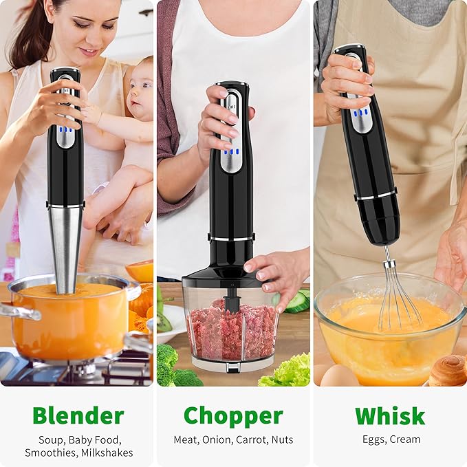 Cordless Immersion Blender Handheld, Rechargeable 4 In 1 Electric Hand Blender Stick Blender Variable Speed with Chopper, Beaker, Whisk, Stainless Steel Blade for Soup, Baby Food, Smoothies