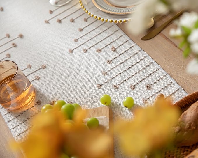Boho Table Runner 13 x 72 Inch Long Natural Cotton Woven Runner - Image 3