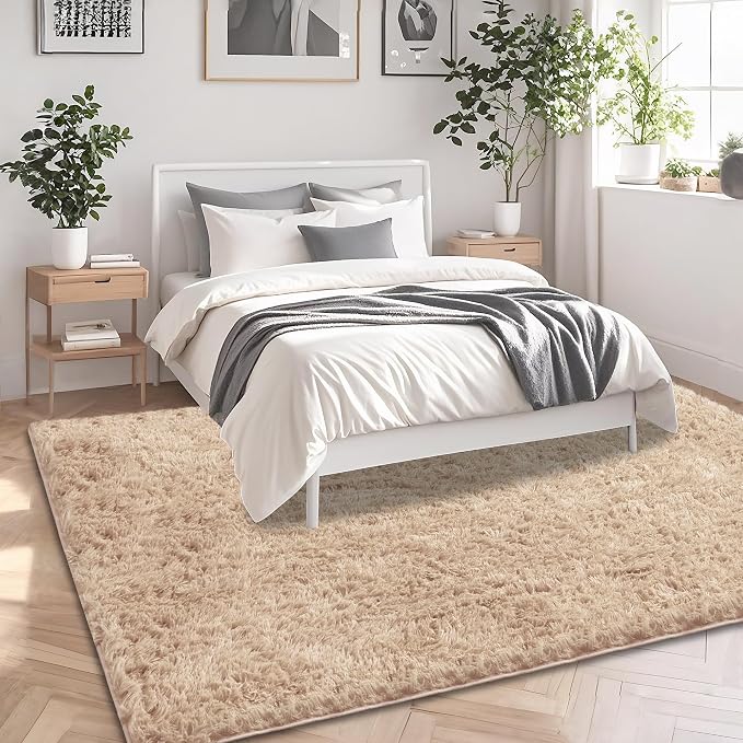 Beige Shag Area Rug for Bedroom, 4x6 Fluffy Shaggy Rugs for Living Room Boys - Image 3