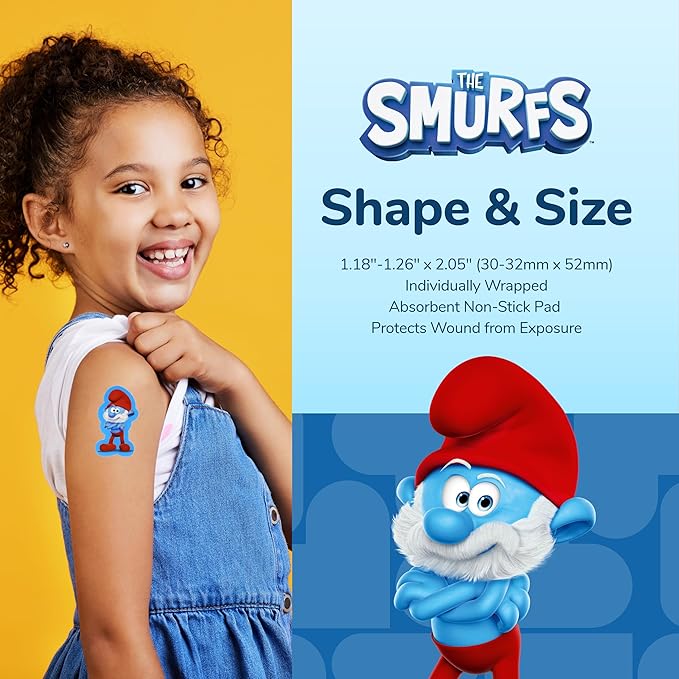 BioSwiss Bandages, The Smurfs in 3D Shaped Self Adhesive Bandage, Latex Free Sterile Wound Care, Fun First Aid Kit Supplies for Kids and Adults, 24 Count Box