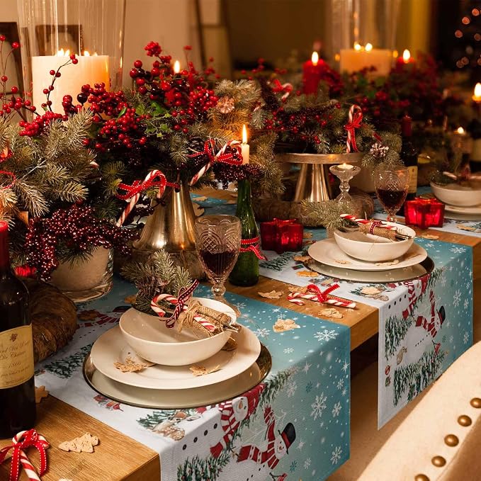 Teal Christmas Snowman Table Runner 36 Inches Long, Xmas Trees Snowflake Table - Image 6