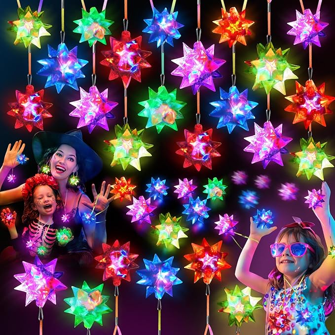 HONLYNE48 48 PCS Flashing Crystal Star Necklaces, LED Glow in The Dark Party Favors for Kids Adults Birthday Rave Halloween Goodie Bags Filler
