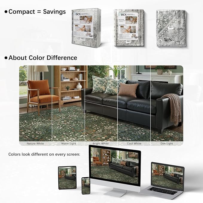 DCX Green 5x7 Area Rug, Machine Washable Non Slip Stain Resistant Soft Vintage - Image 5