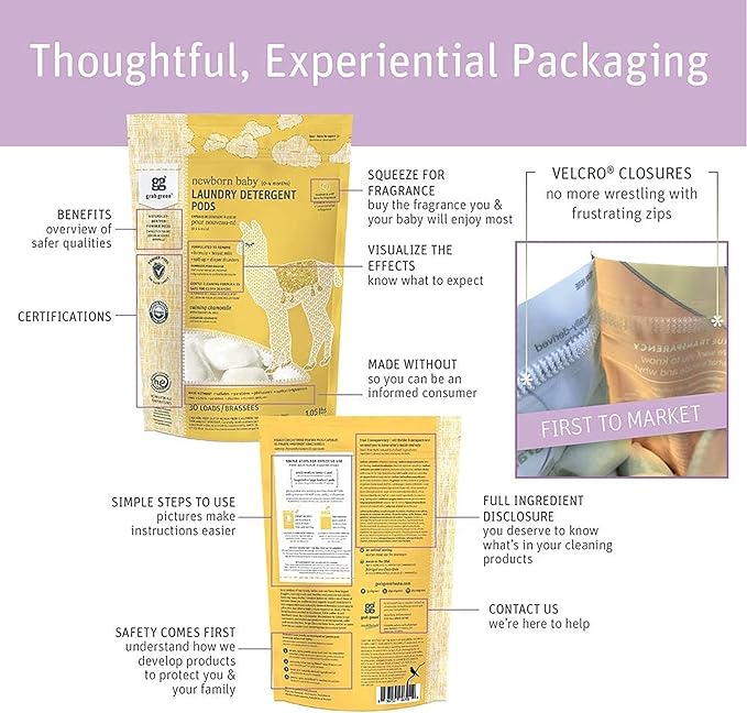 Grab Green Newborn Baby Laundry Detergent Pods, 60 Loads, Fragrance Free, Mineral Based, Non-Toxic, Stain Remover